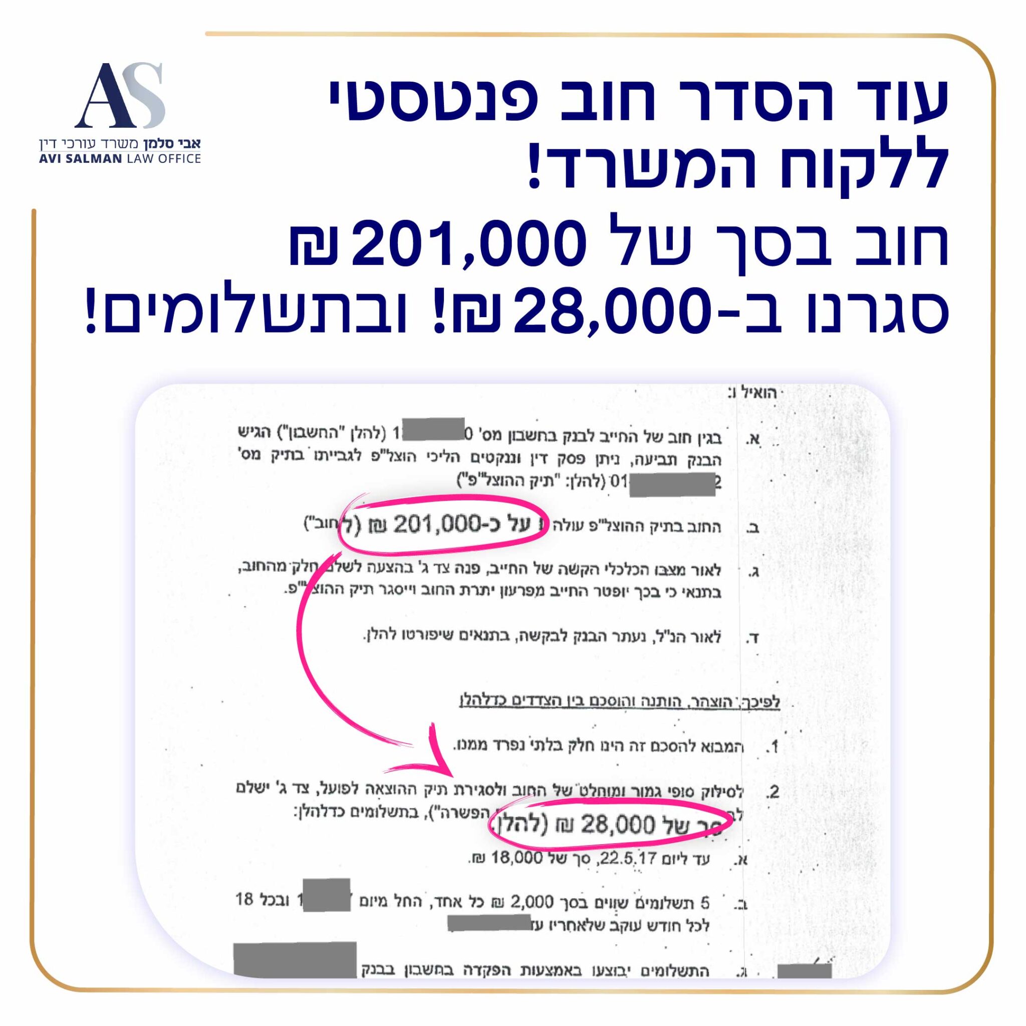 חוב לבנק בסך 201,000 ש"ח סגרנו בסכום של 28,000 ש"ח! בתשלומים